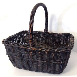 Vtg Wicker Basket Brown Gathering Bread Rattan Woven Country Farm Handle 13x6"